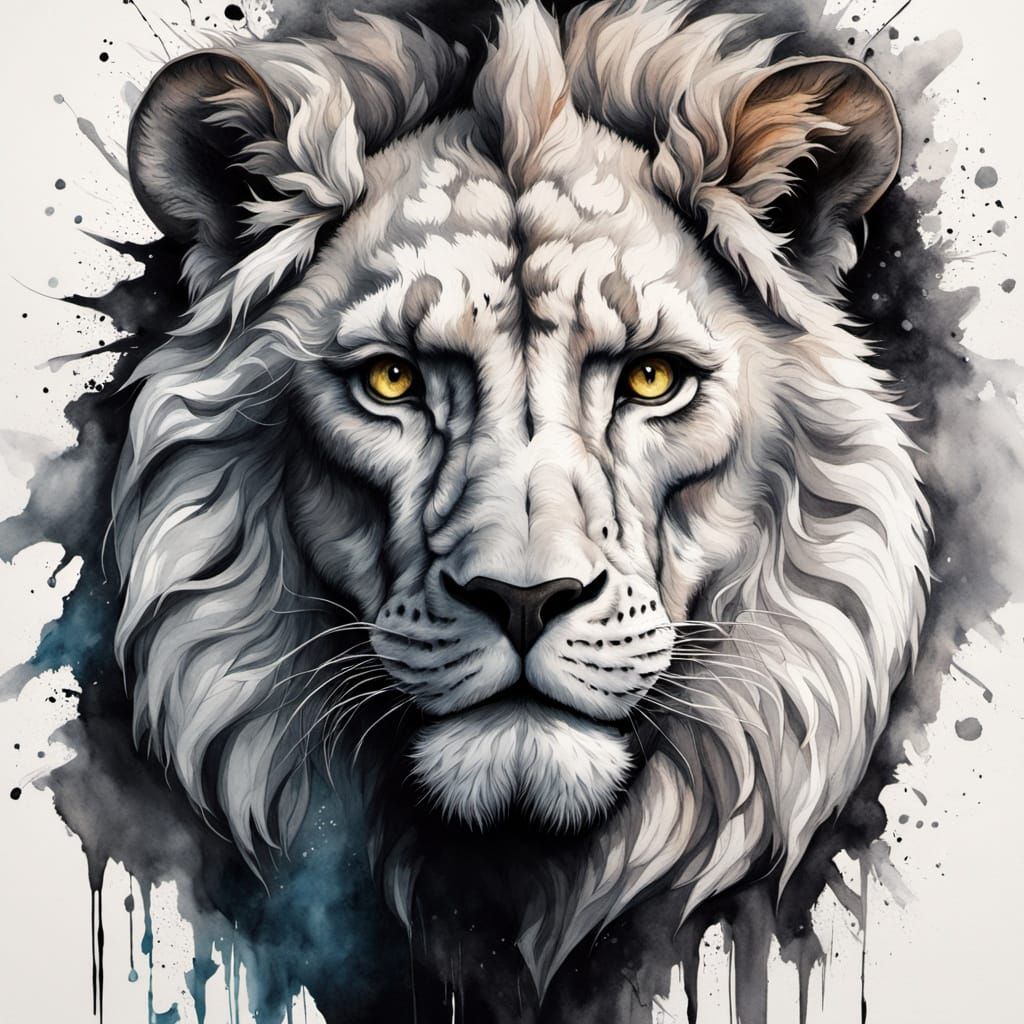 Whimsical Watercolor Portrait of a Majestic White Lion's Hea...