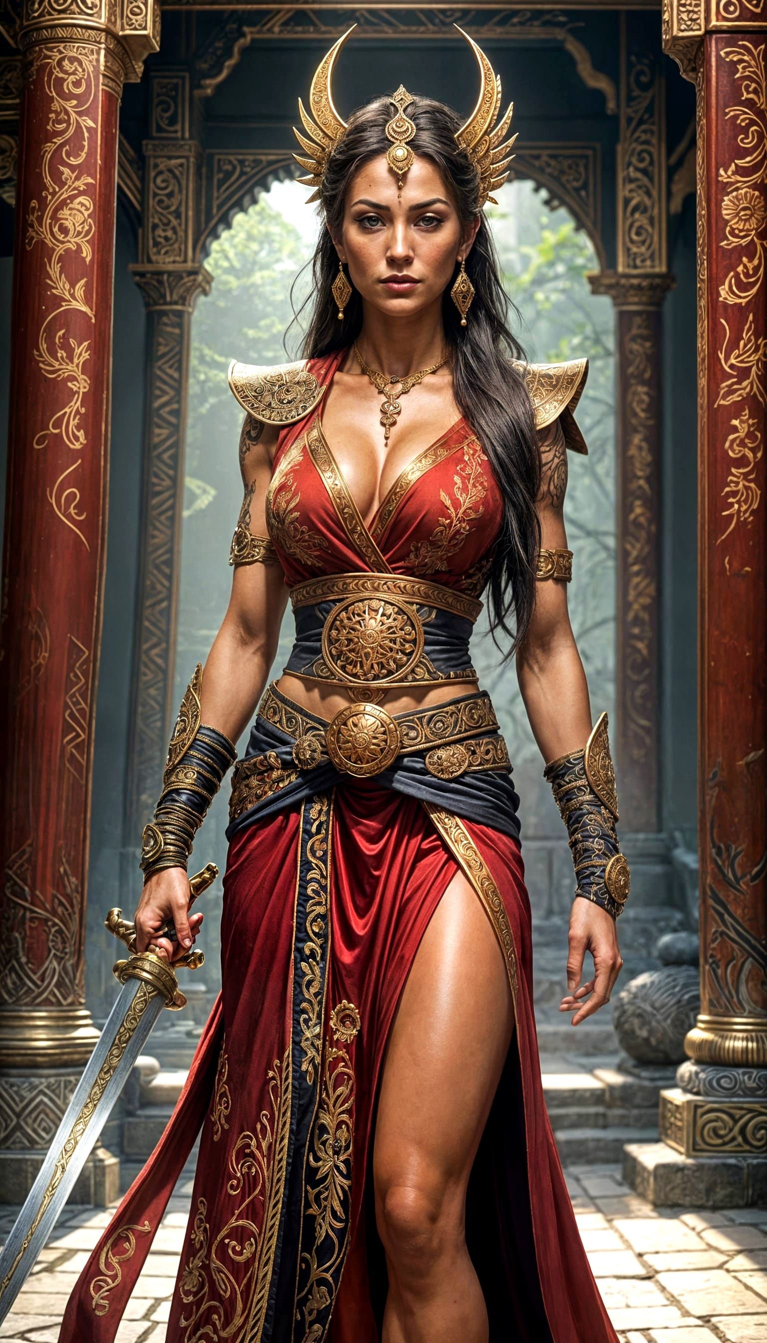 High Priestess Warrior Woman with Red and Gold Robe