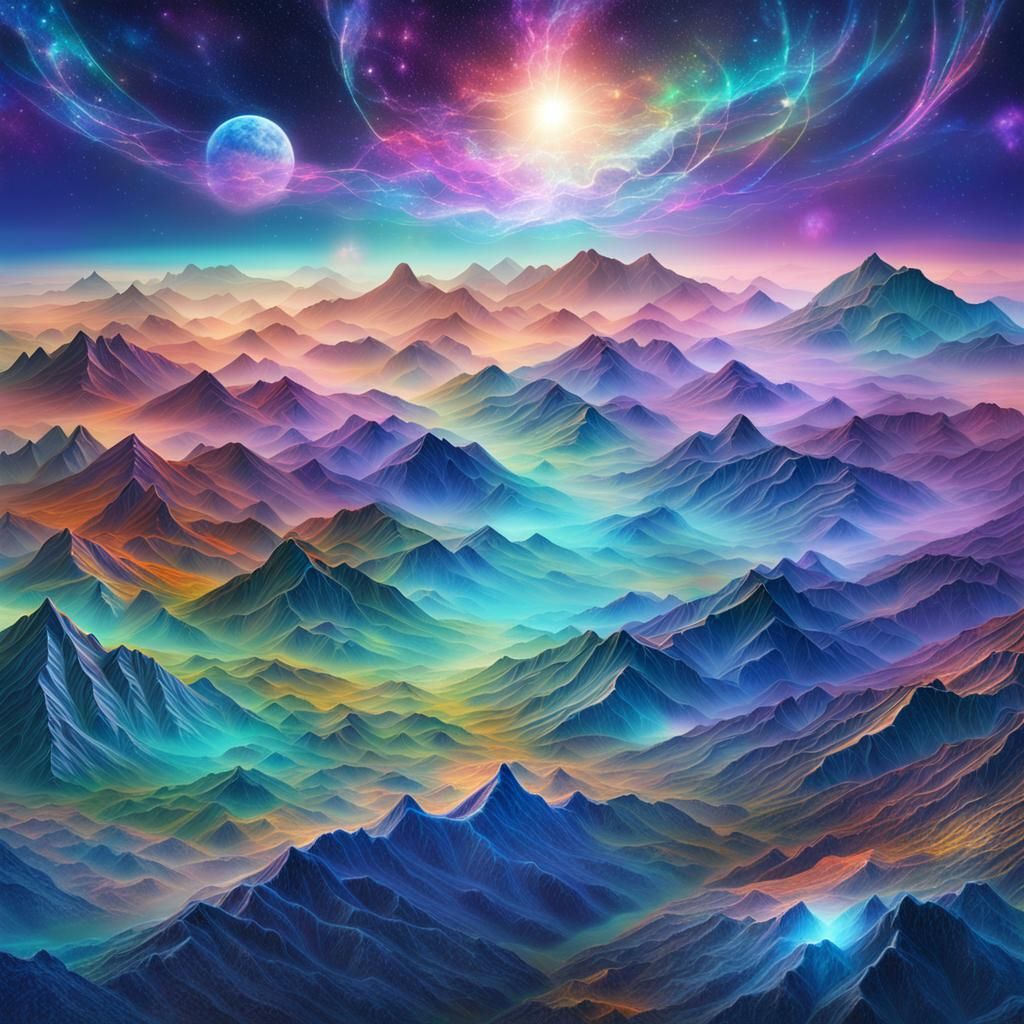 Misty Mountains Aerial View: Cosmic Illustration