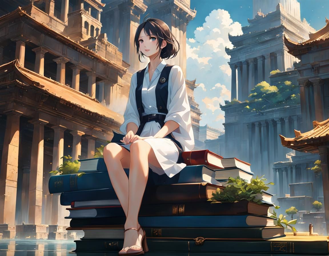 Girl on Floating Book Above Ancient City