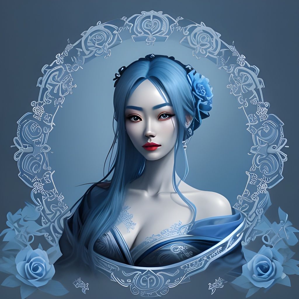 Blue Woman Holding Glowing Rose, Digital Painting