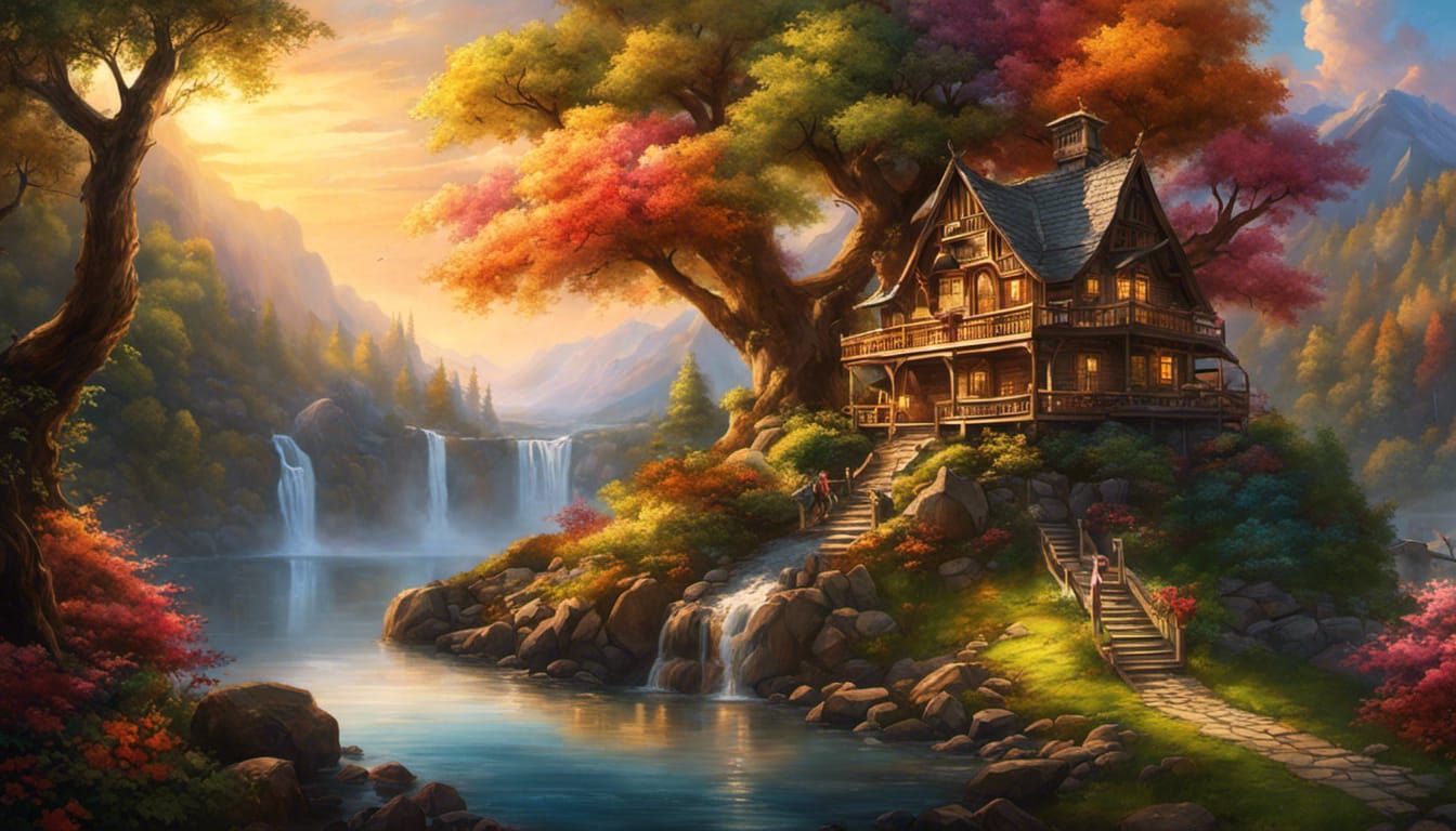 Treehouse With Waterslide in Cherry Tree, Kinkade Style