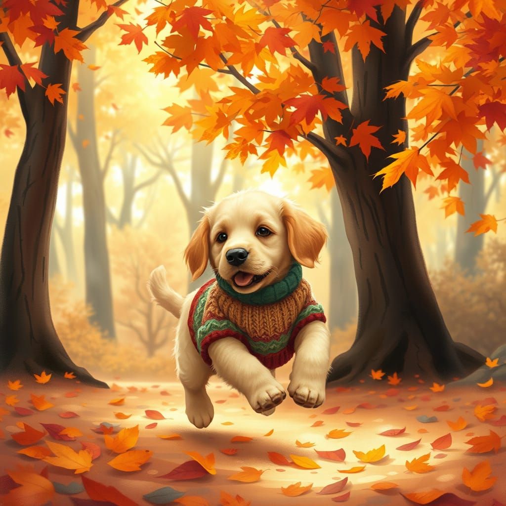 Golden Retriever Puppy in Autumn Forest Storybook Illustrati...