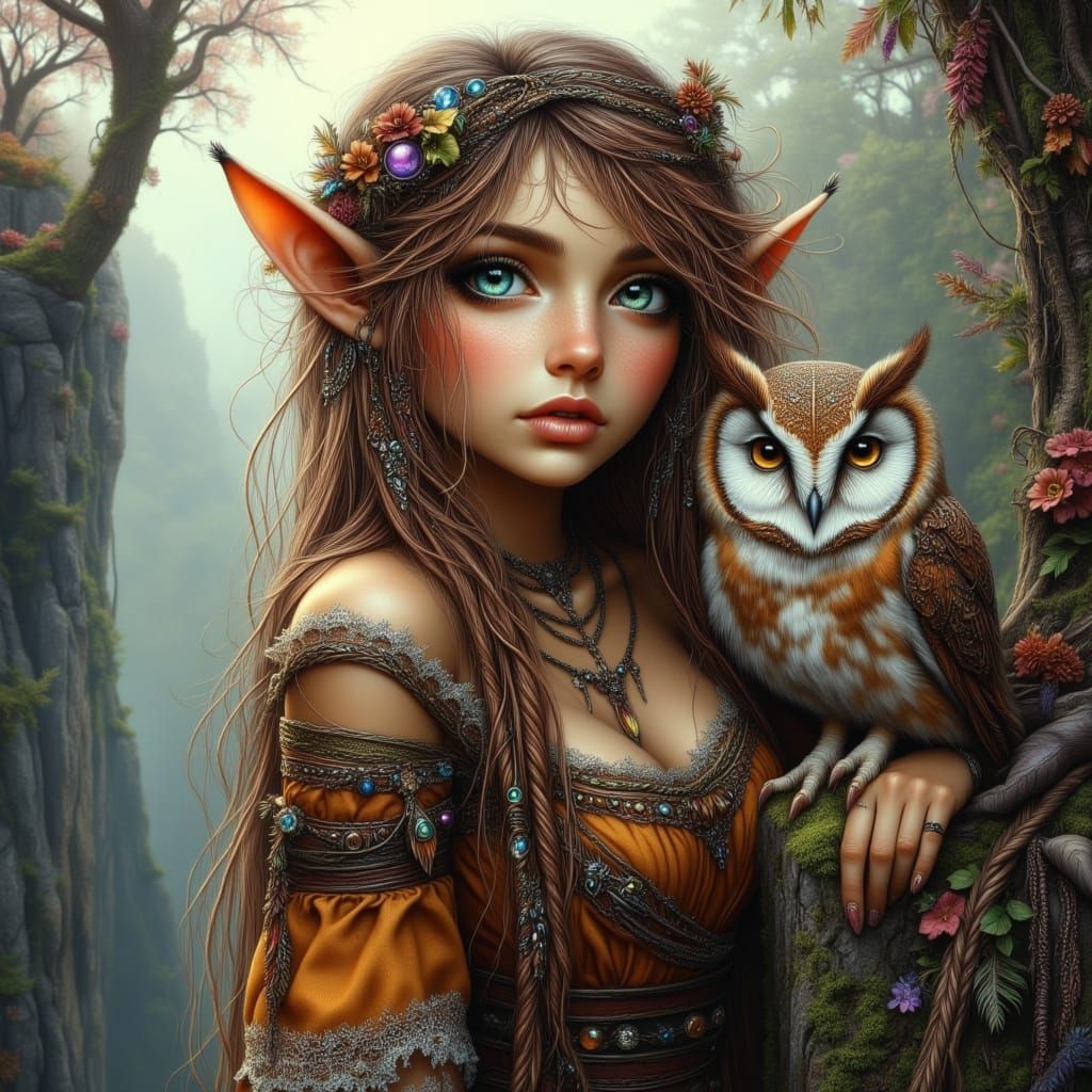 Medieval Elf with Owl on Cliff Overlooking Forest