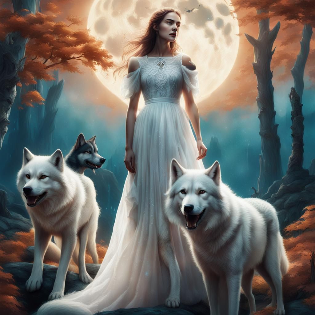 Woman and Wolves in Dreamy Matte Painting