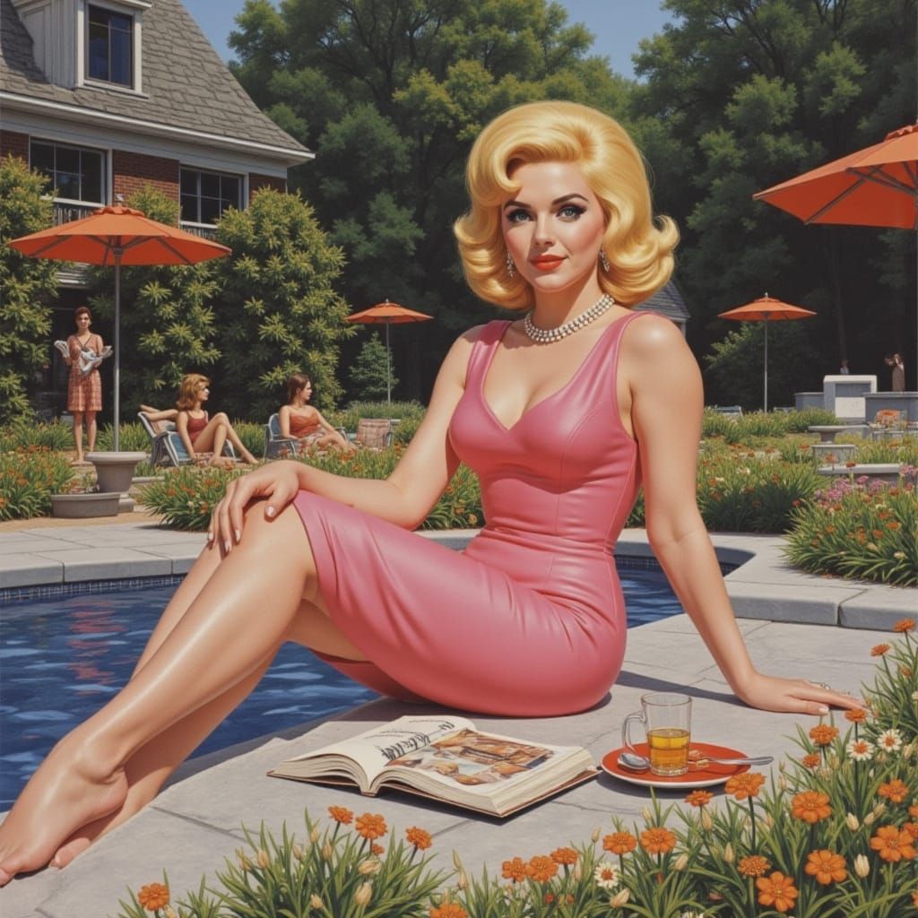 <lora:All about pop:1.0> Jayne Mansfield, relaxing in the gardens