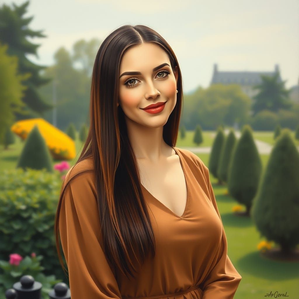 Elegant Woman in Garden, Minimalist Oil Painting