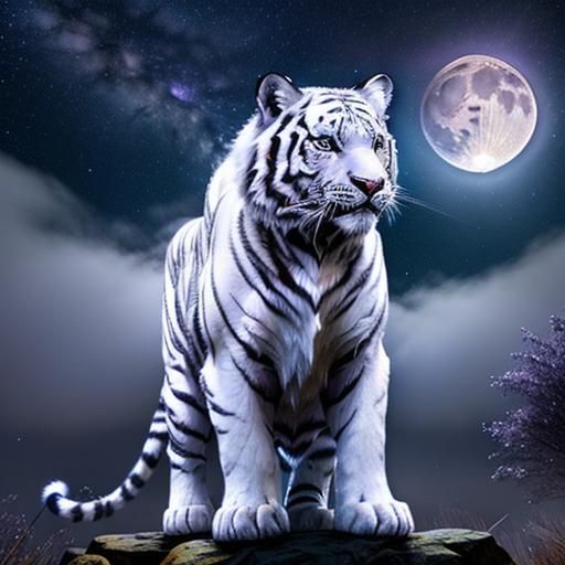 Fantasy White Tiger Under Starry Night