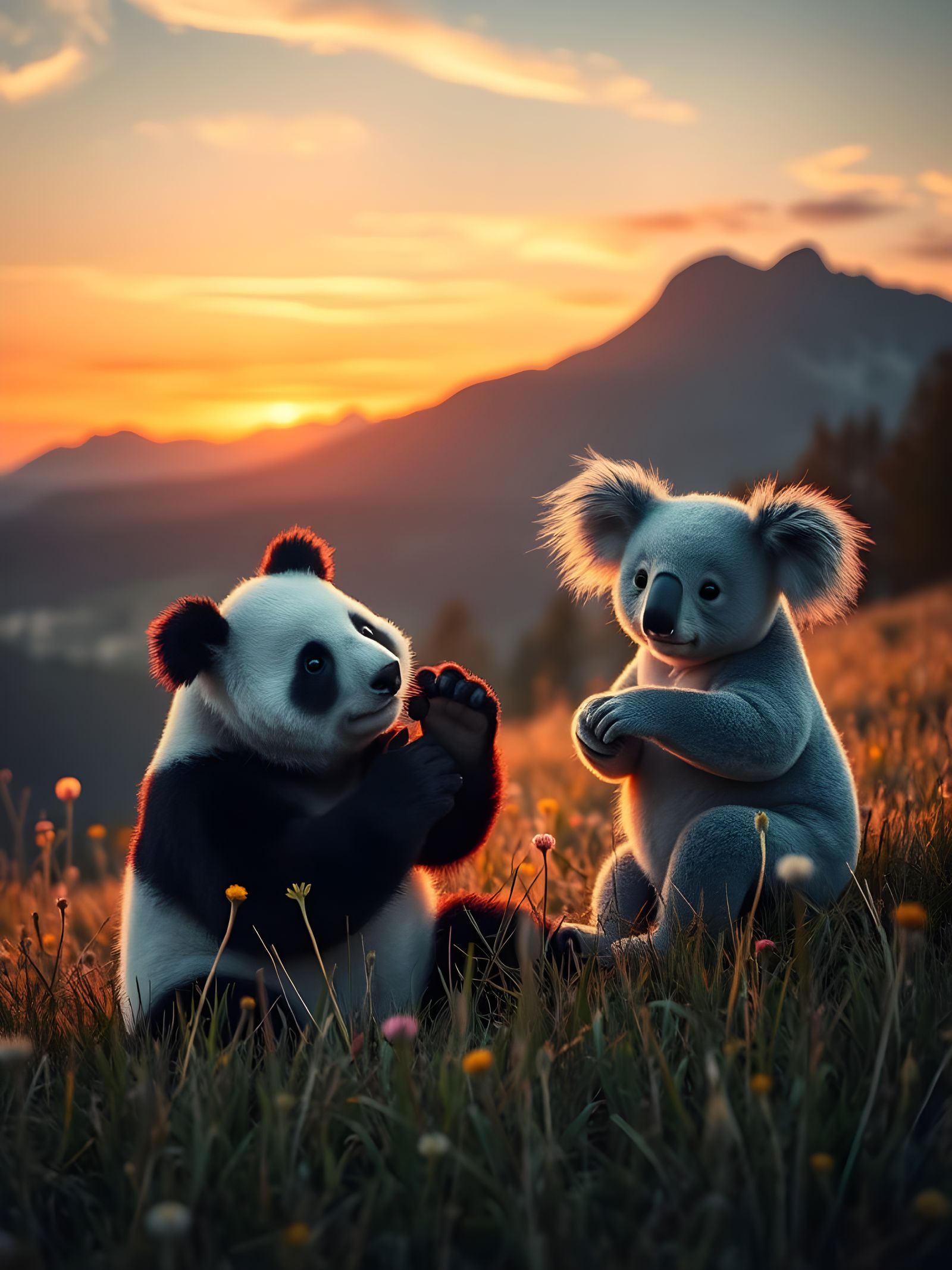Surreal Friends Unite in a Vibrant Sunset Mountain Meadow
