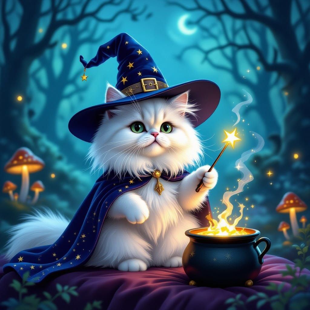 Fluffy Persian Cat Witch on Velvet Cushion with Glowing Wand