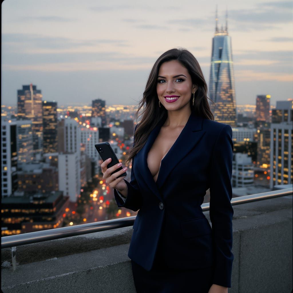 Businesswoman on Rooftop Overlooking City at Dusk