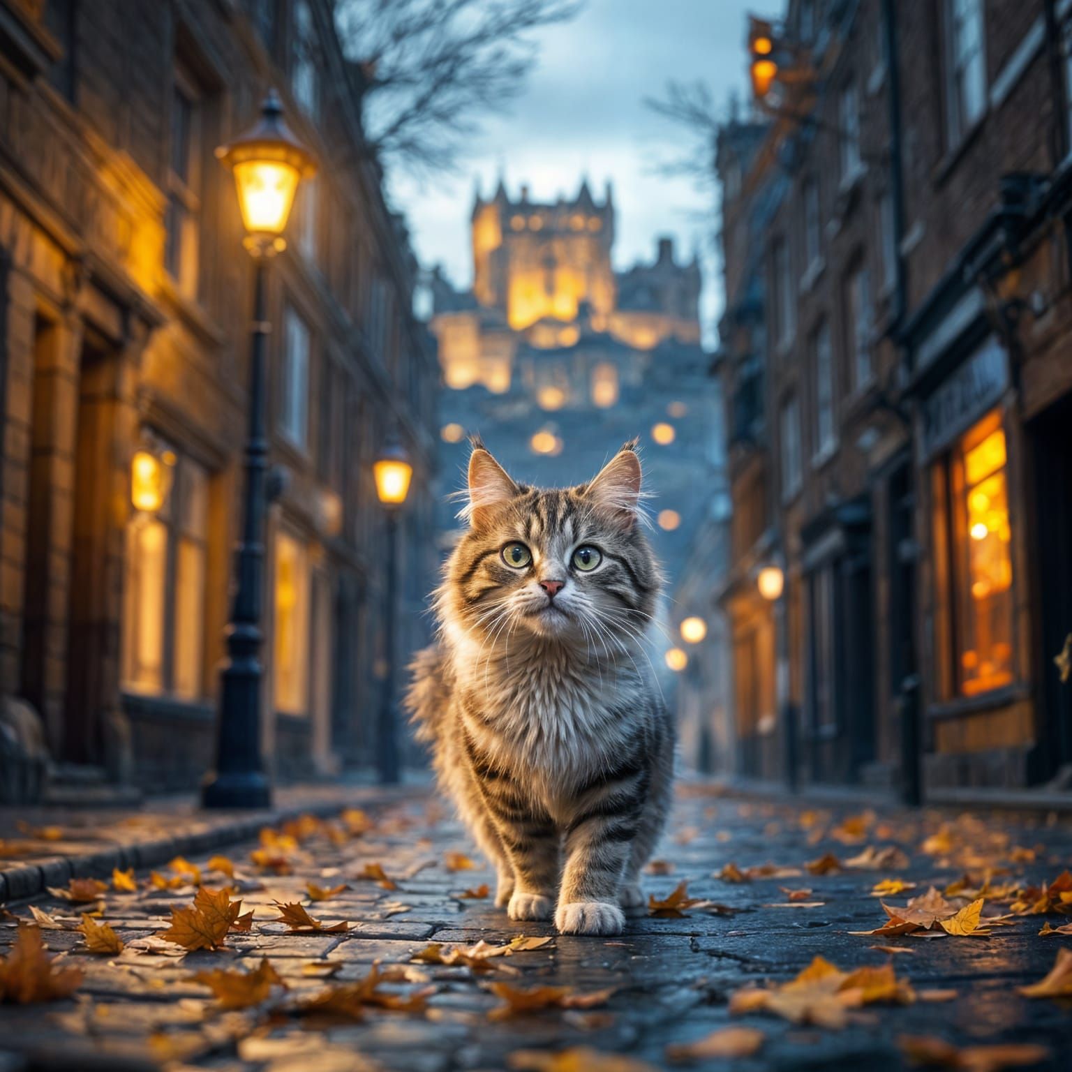 Whimsical Tabby Cat Strolls Edinburgh Street Scene