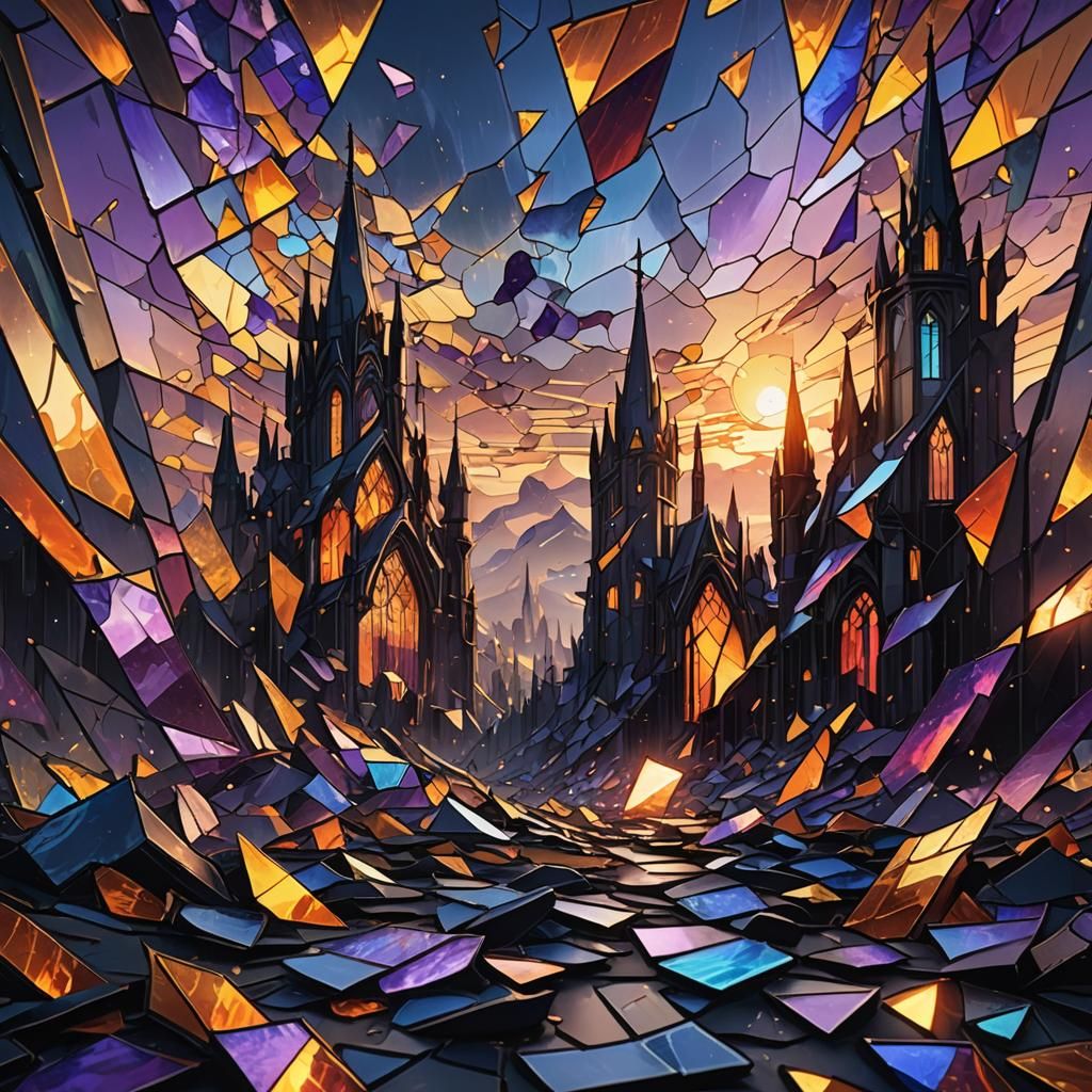 Shattered Stained Glass Sky Over Misty Wasteland