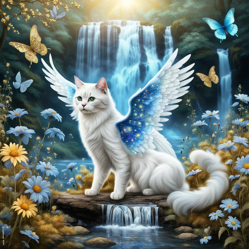 Ethereal Blue Angel Cat in Fantasy Forest