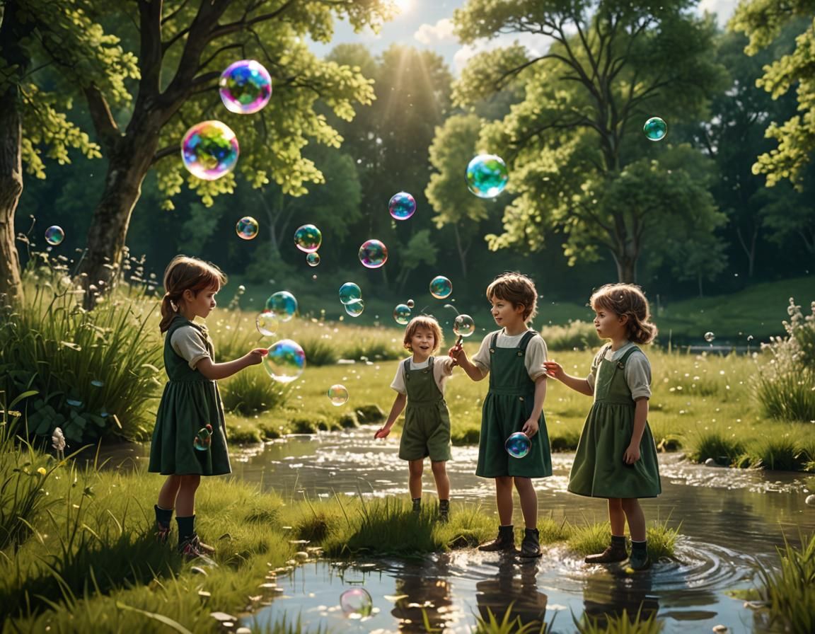 Children Blowing Soap Bubbles in Meadow, Fantasy Art