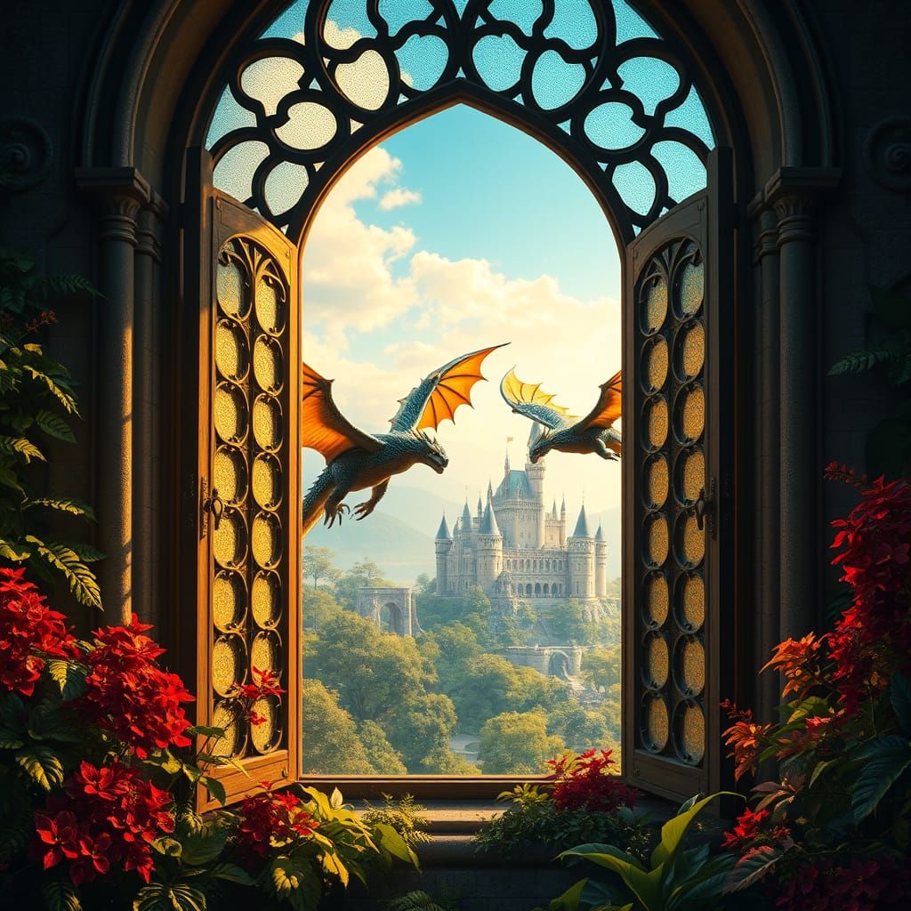 Fantasy Castle Window with Dragons in Flight