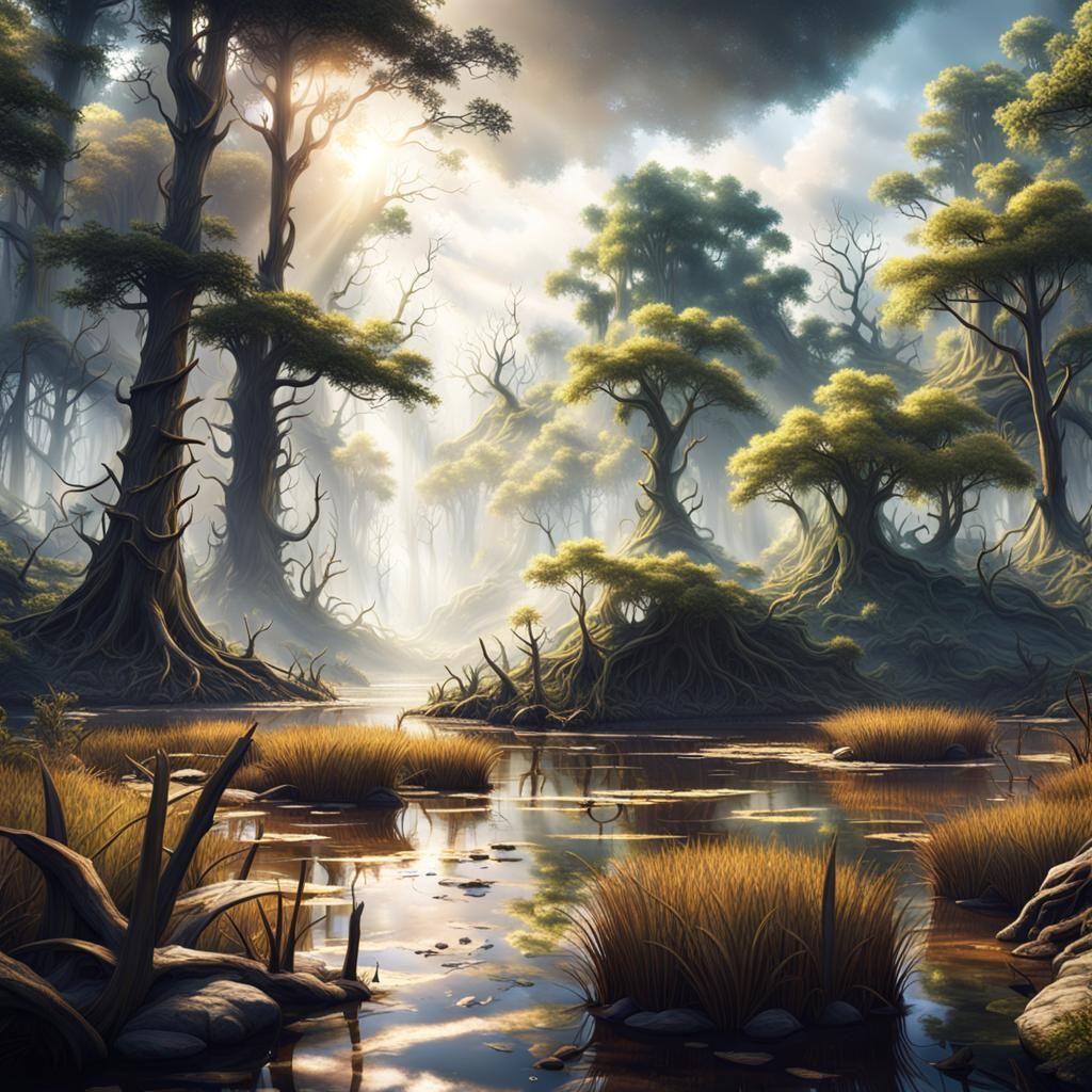 Mysterious Sunlit Swamp: Fantasy Concept Art
