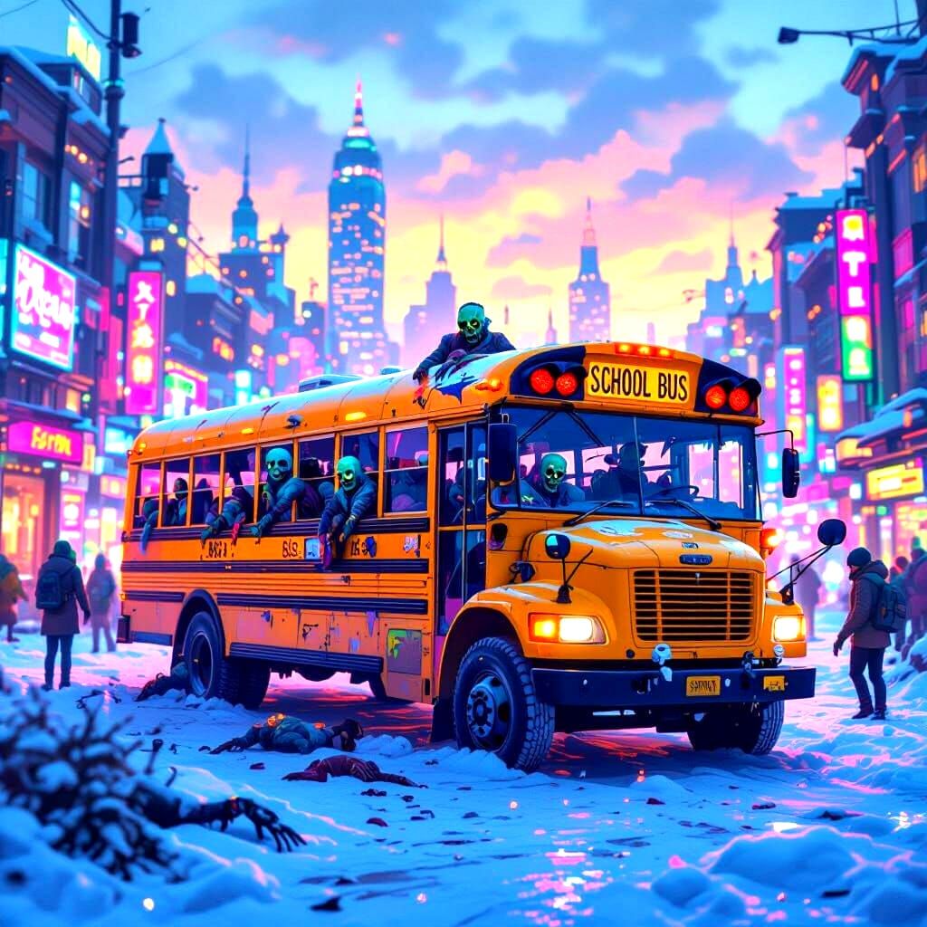 Zombies and a School Bus in Bioluminescent City