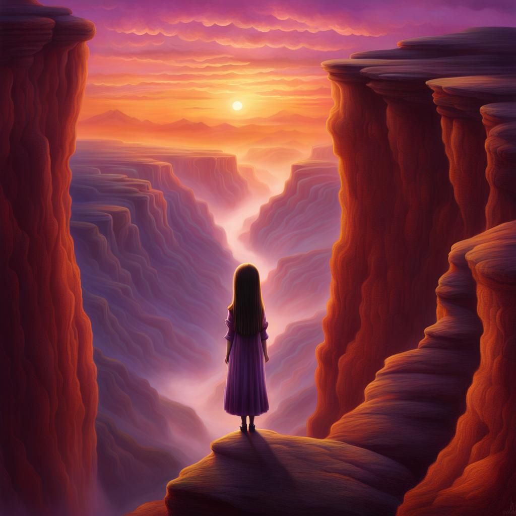 Woman Overlooking Canyon at Sunset, Digital Illustration