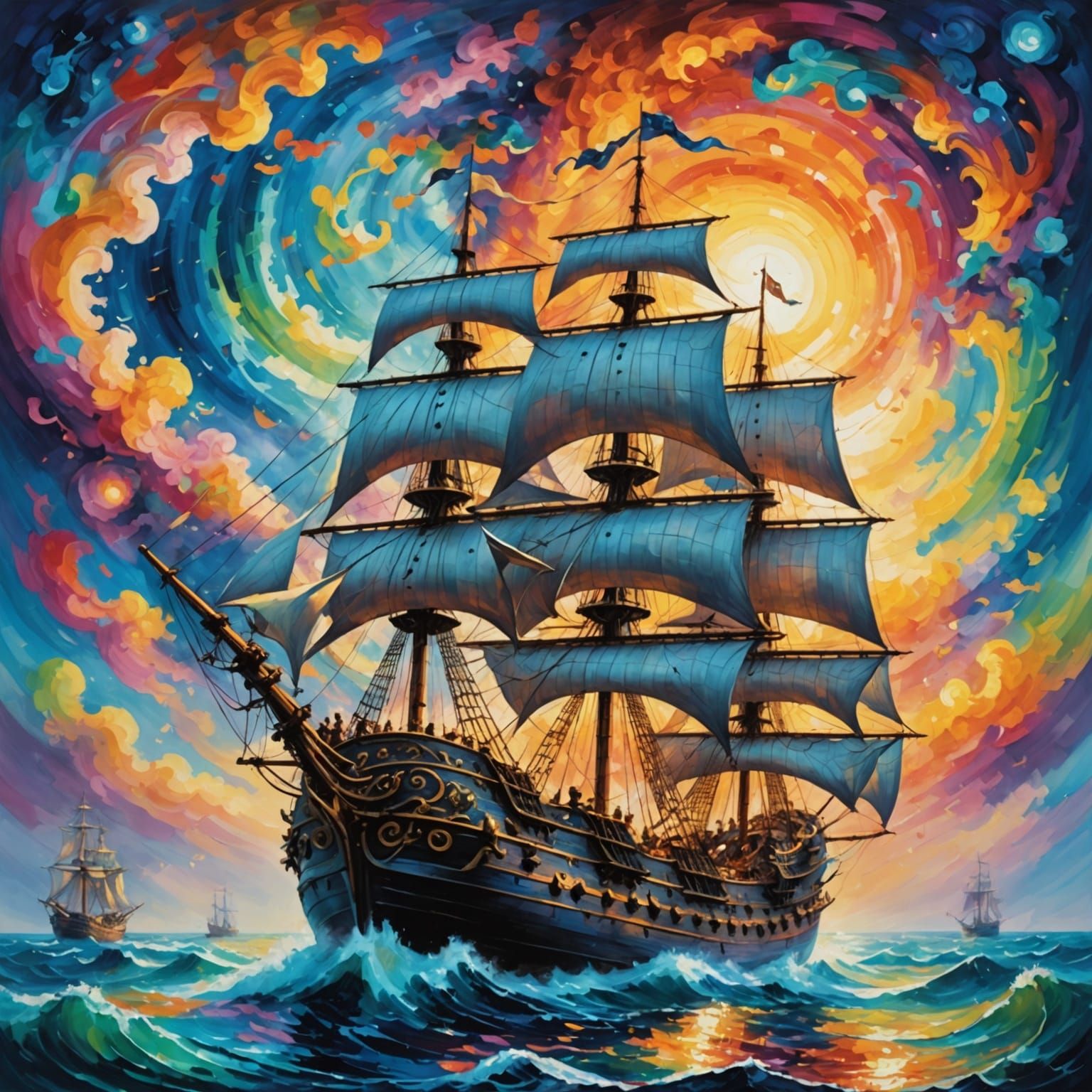 Majestic Galleon in Swirling Colors, Neo-Impressionist Style
