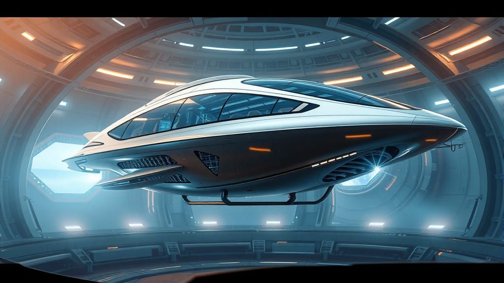 Futuristic Space Frigate Landing in High-Tech Space Dock
