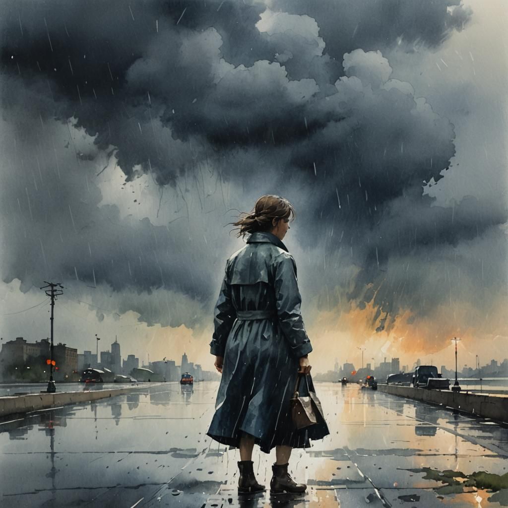 Woman Crying in Rain: Watercolor Art Inspired by Kuindzhi