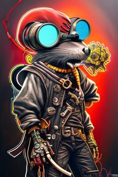 Anthromorphic Cyberpunk pirate mouse, Pixar style, goggles, Hyperdetailed, pirate hat, red bandana, neon splash art in ...