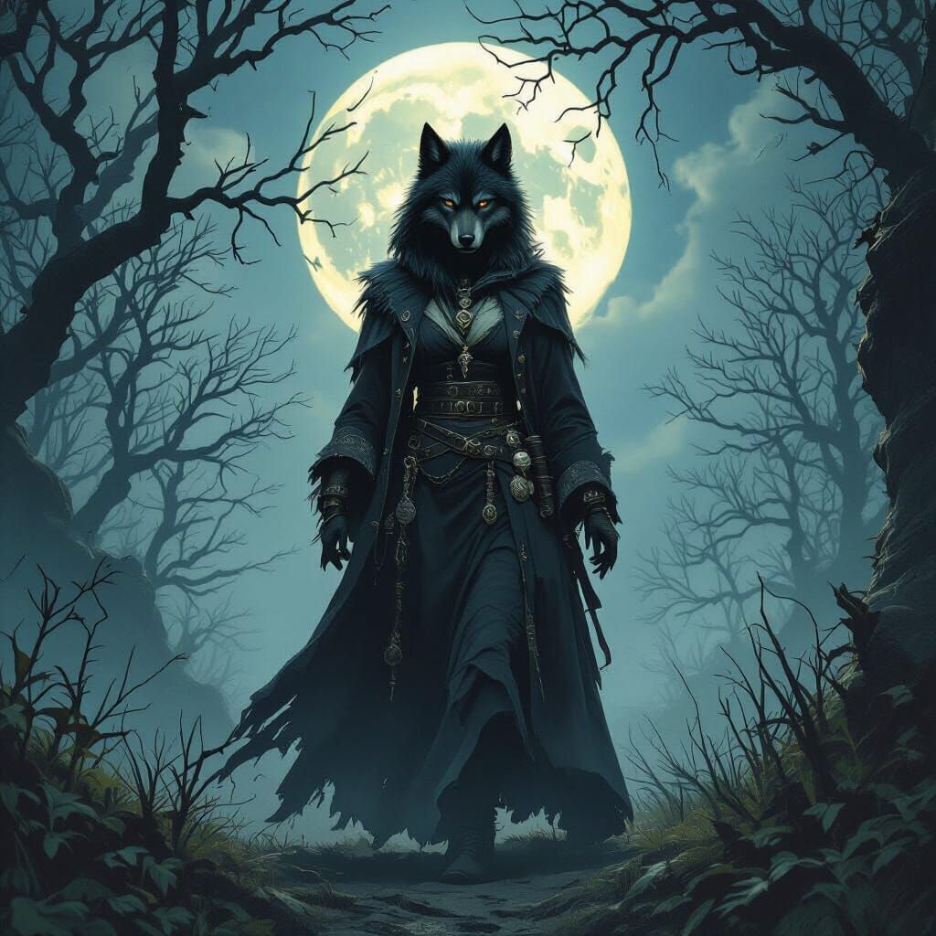 Werewolf Warlock in Moonlit Forest, Mystical Art