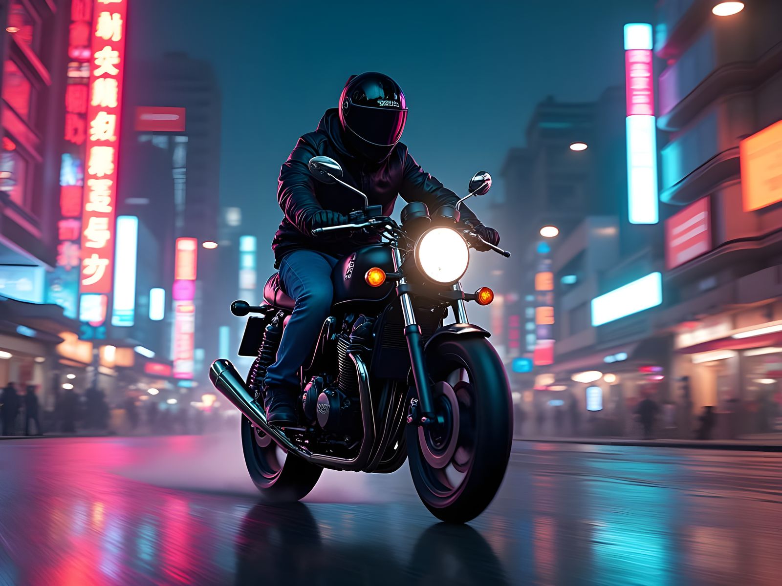Cyberpunk Rider Speeds Through Neon Cityscape
