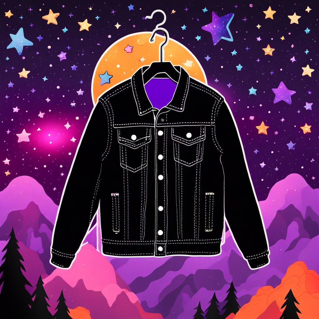 Vibrant Night Sky Denim Jacket on a Hanger