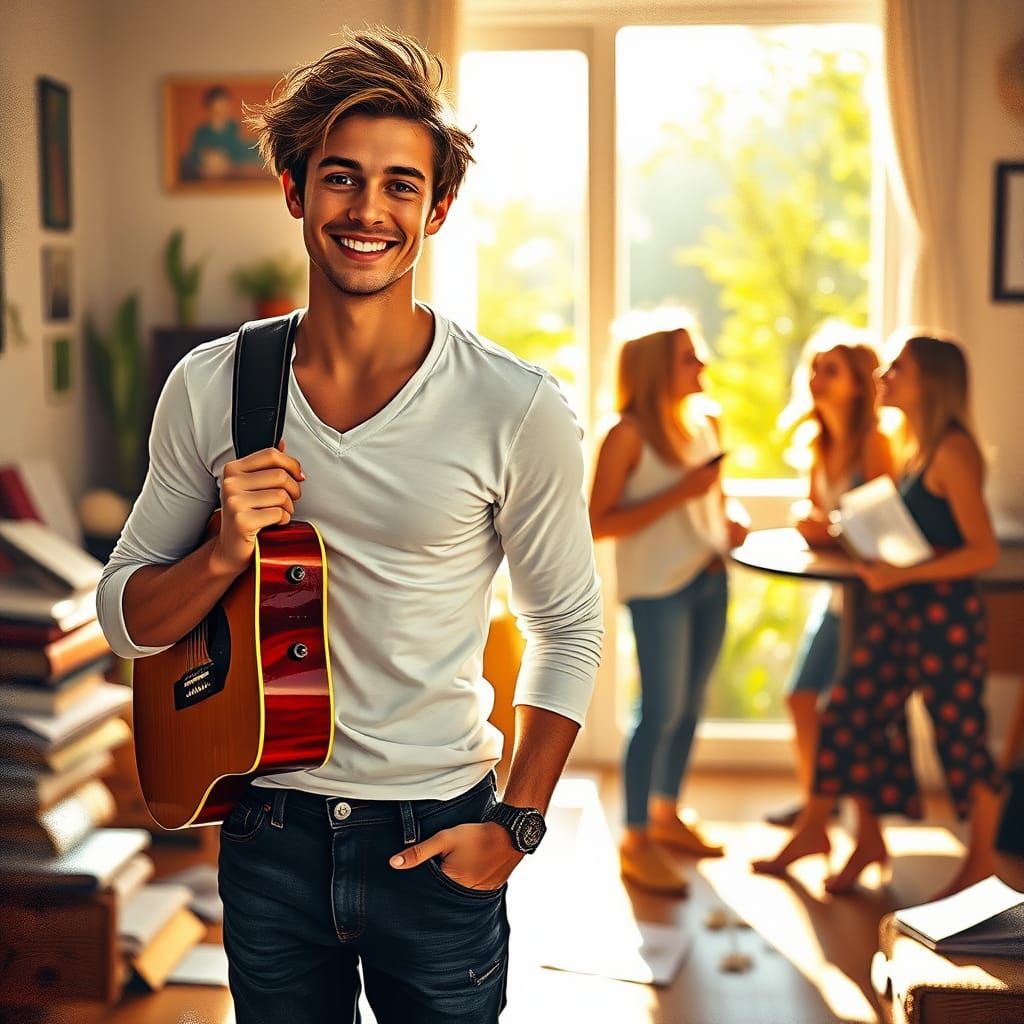 Charismatic Man with Guitar in Expressive Art Style