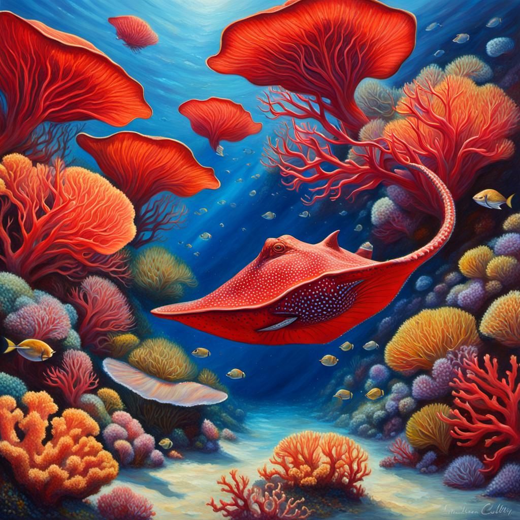 Red Stingray Swimming Over Coral Reef, Impressionistic Oil