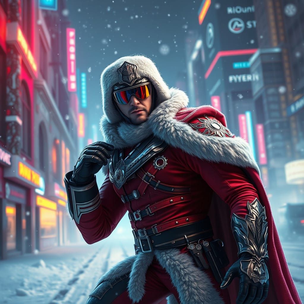 Futuristic Santa Hero in Cyberpunk Metropolis