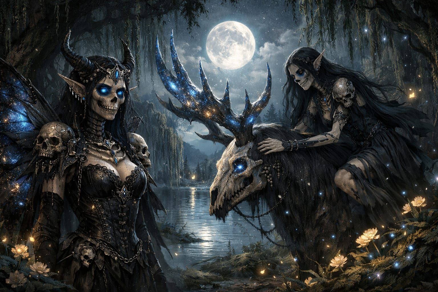 Elegant Elf-Skeleton Women in Moonlit Forest