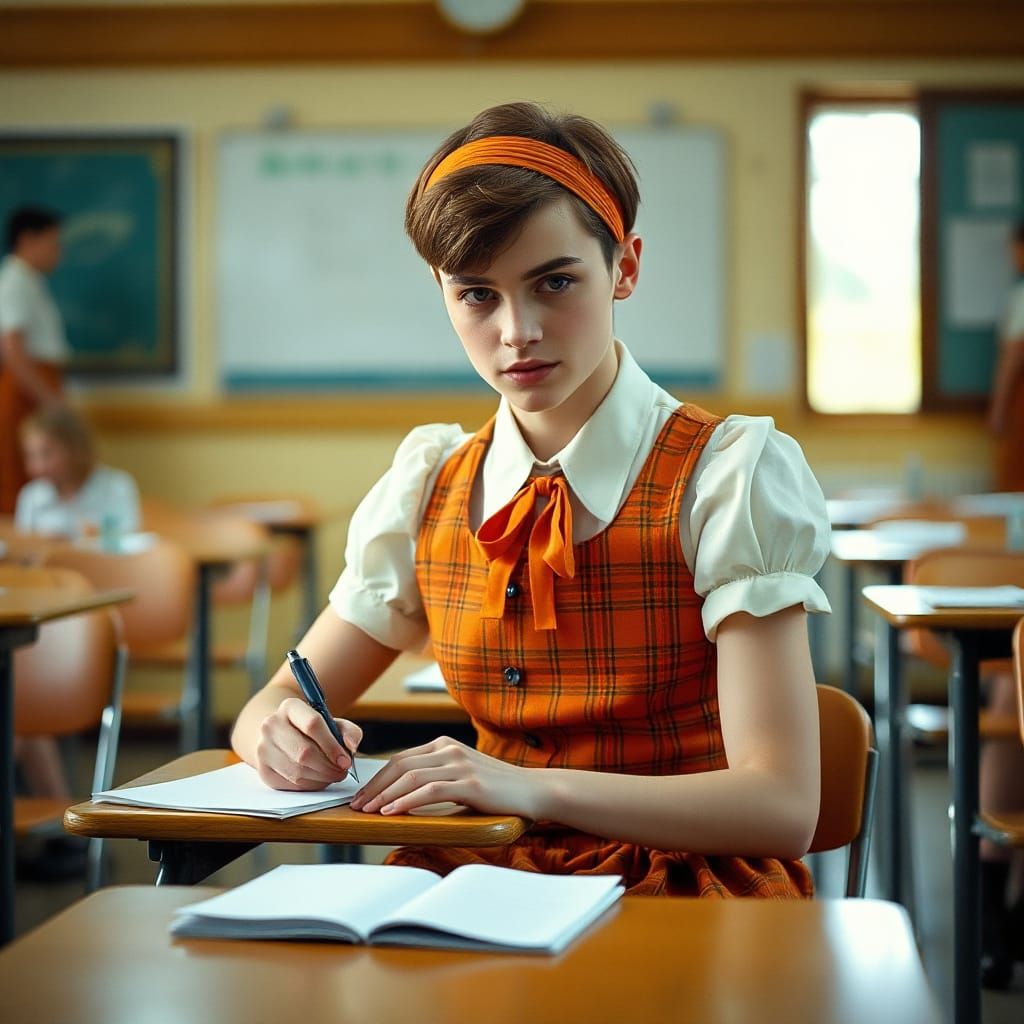 Stylish Young Man in Schoolgirl Uniform, Immersed in Study