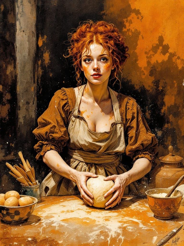 Redhead Baker Kneading Dough in Rich Watercolor Style