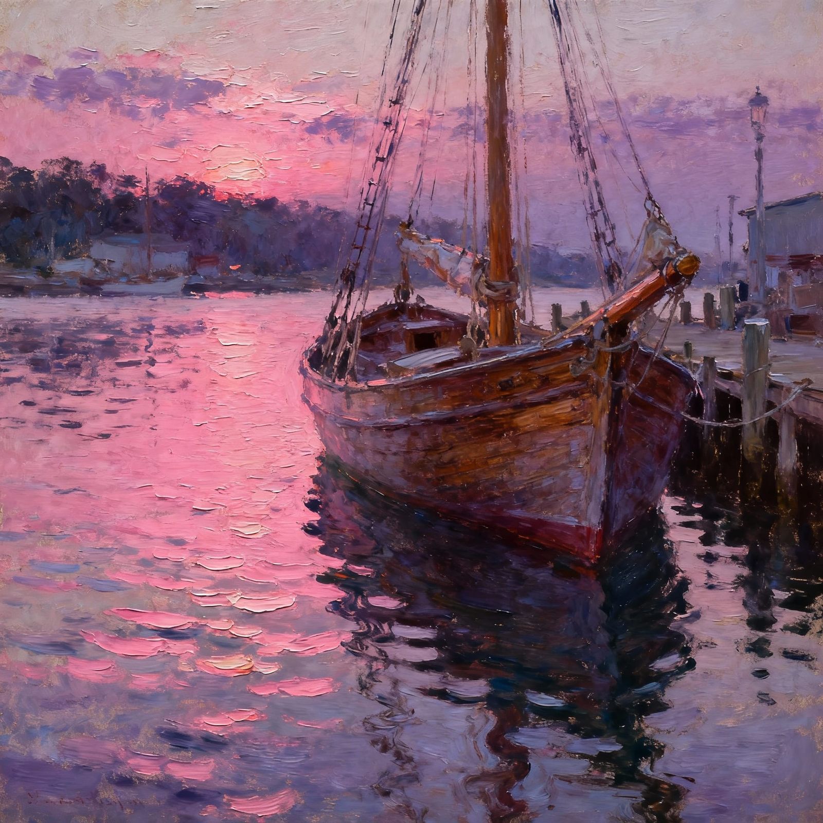 Old Sailing Boat at Sunset Harbor, Oil Painting Style