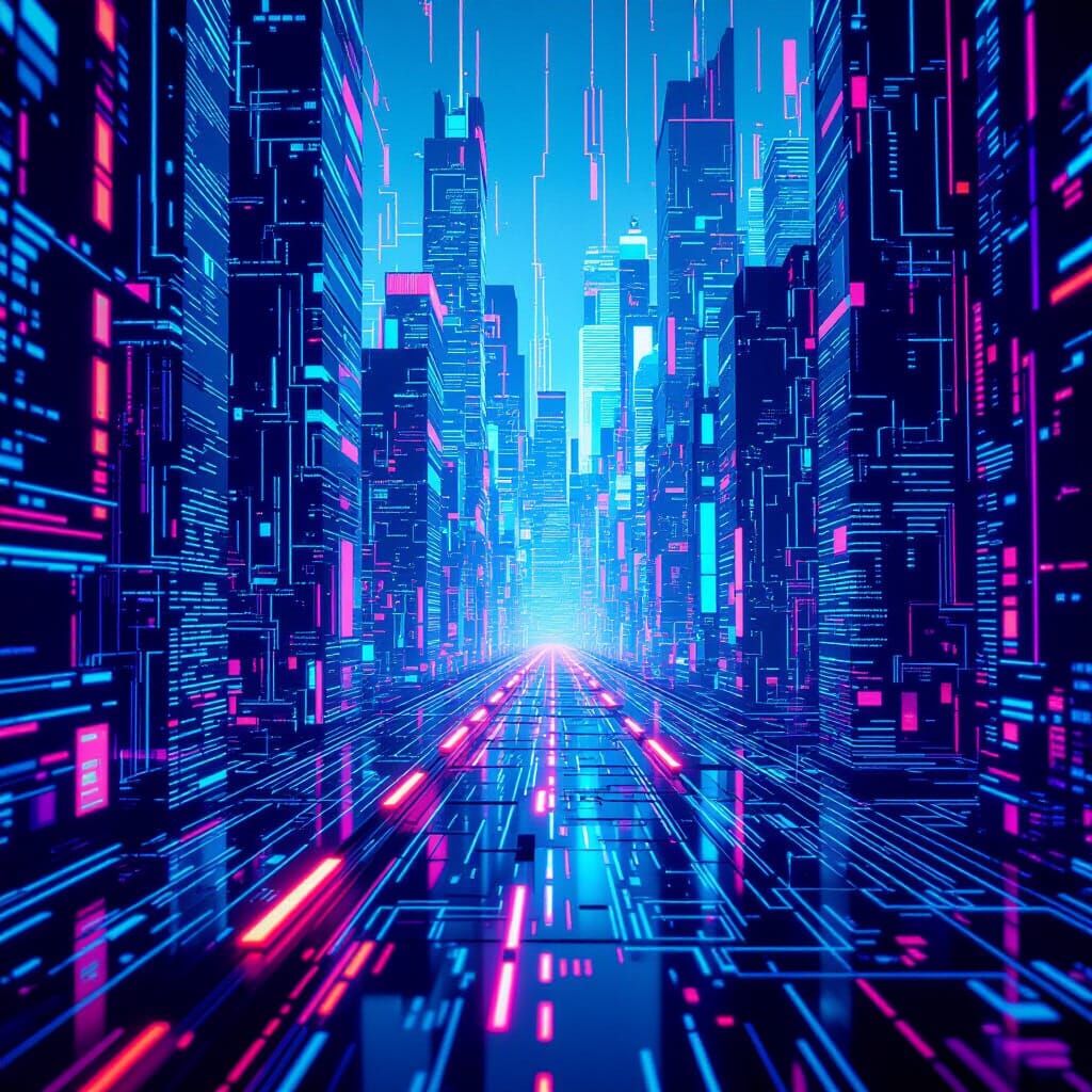 Cyberpunk Cityscape with Neon Circuits and Code