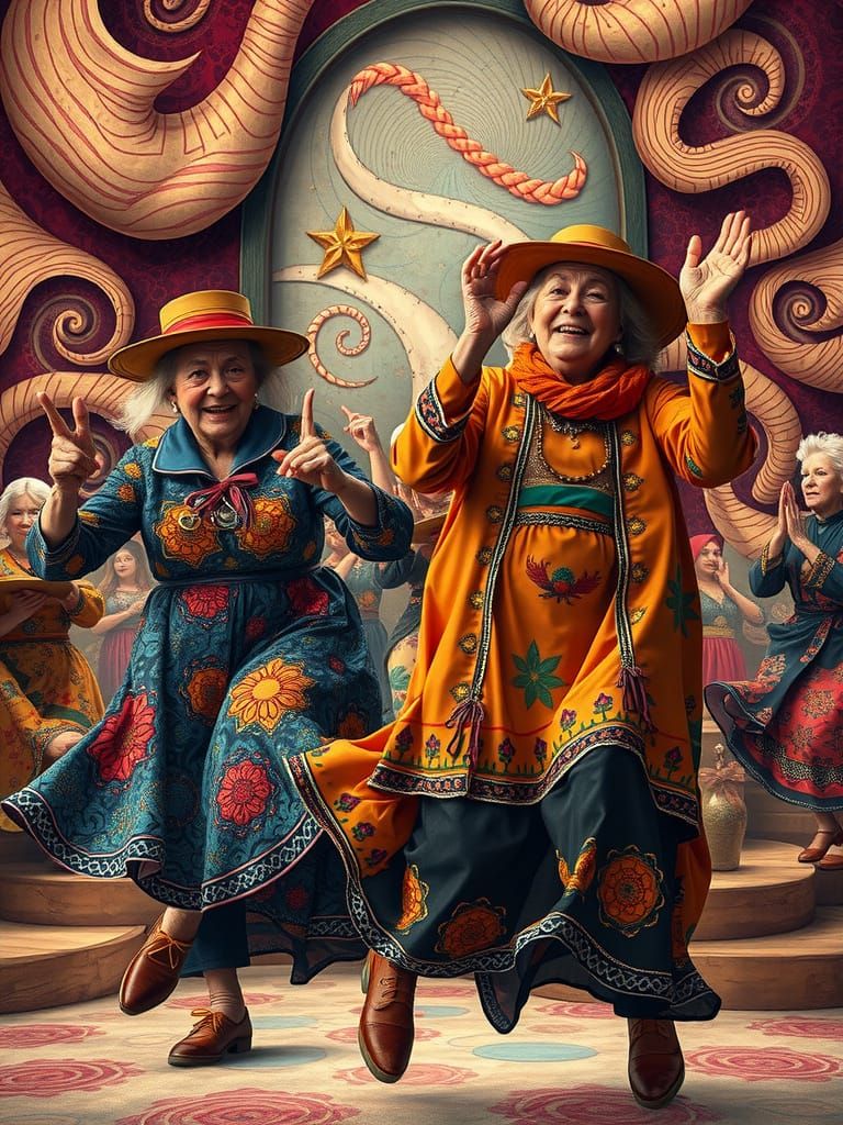 Whimsical Grannies Dancing in Pointillism Trash Polka Style