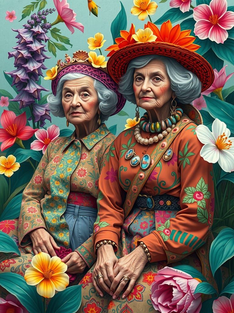 Elderly Women in Flora, Pointillism Trash Polka Style