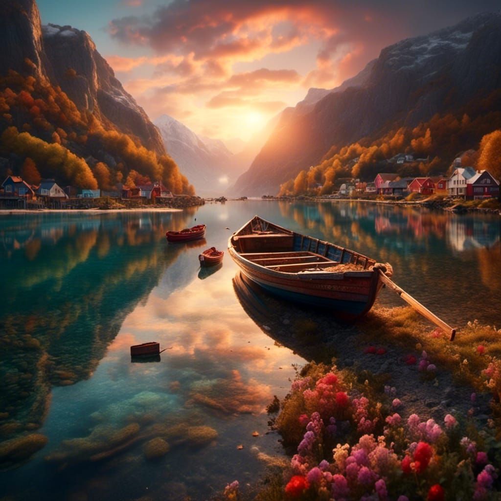 Rowing Boat at Colorful Fjord Landscape at Sunset