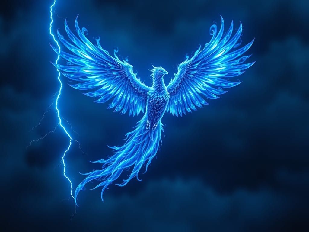 Cyberpunk-Style Blue Flame Phoenix soars through Stormy Nigh...