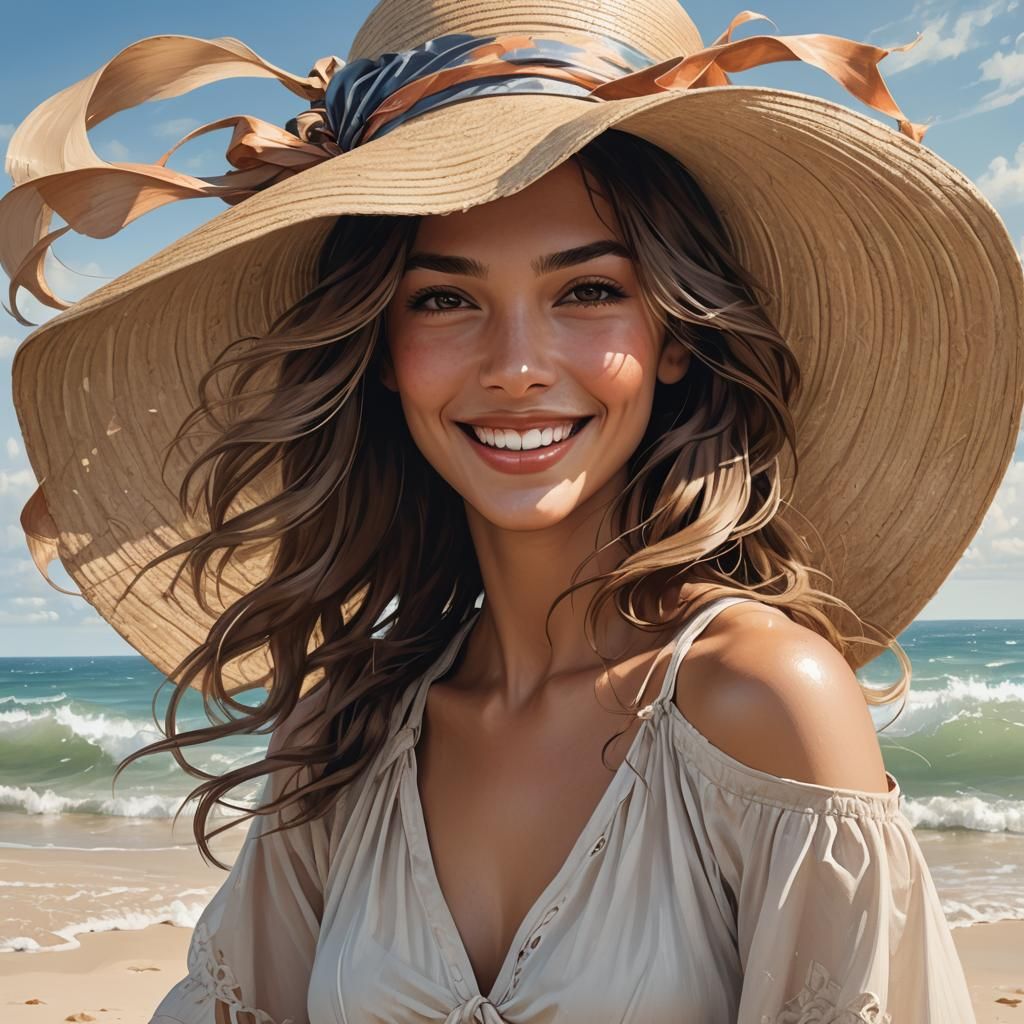 Smiling Woman with Beach Hat in the Wind