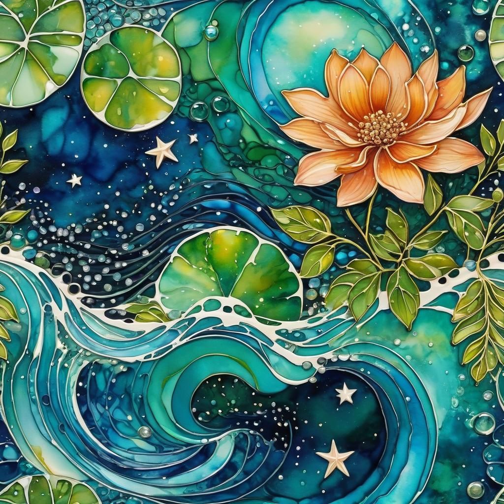 Abstract World with Starry Reflections in Alcohol Ink Style