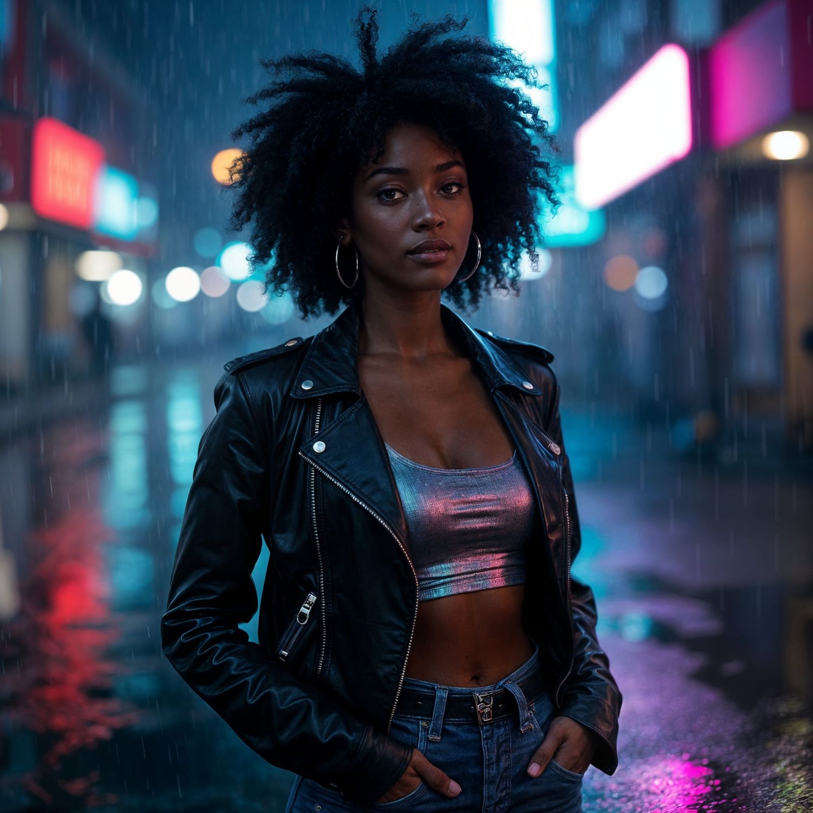 Confident Woman Embracing Urban Night in Neon Hues