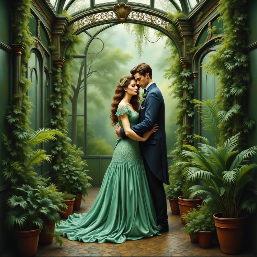 Victorian Couple in Greenhouse, Art Nouveau Style