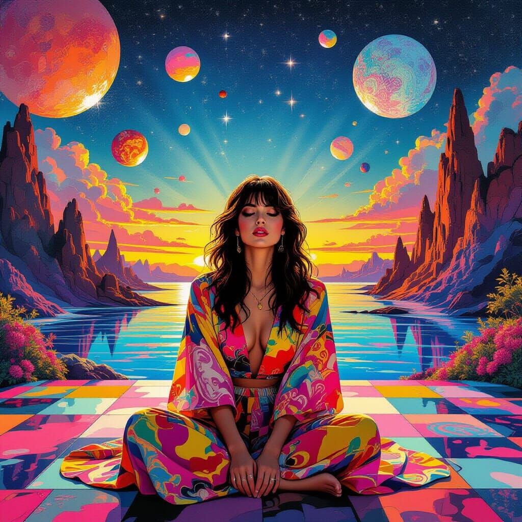Psychedelic Woman in Surreal Dreamscape
