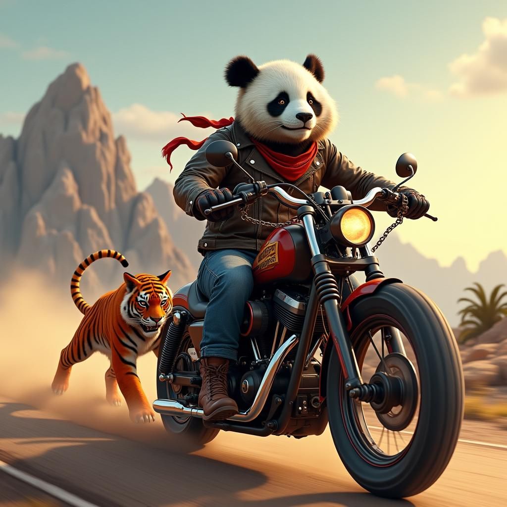 Panda Biker on Harley in Fantasy Landscape