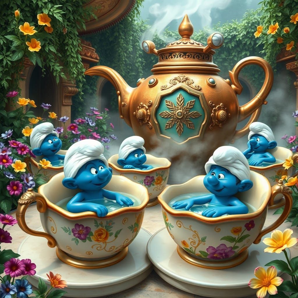 Smurfs Relaxing in Teacup Spa, Whimsical Scene