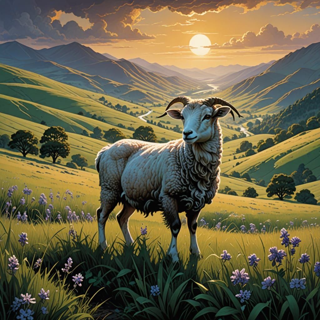 Nervous Lamb in Golden Morning Hills
